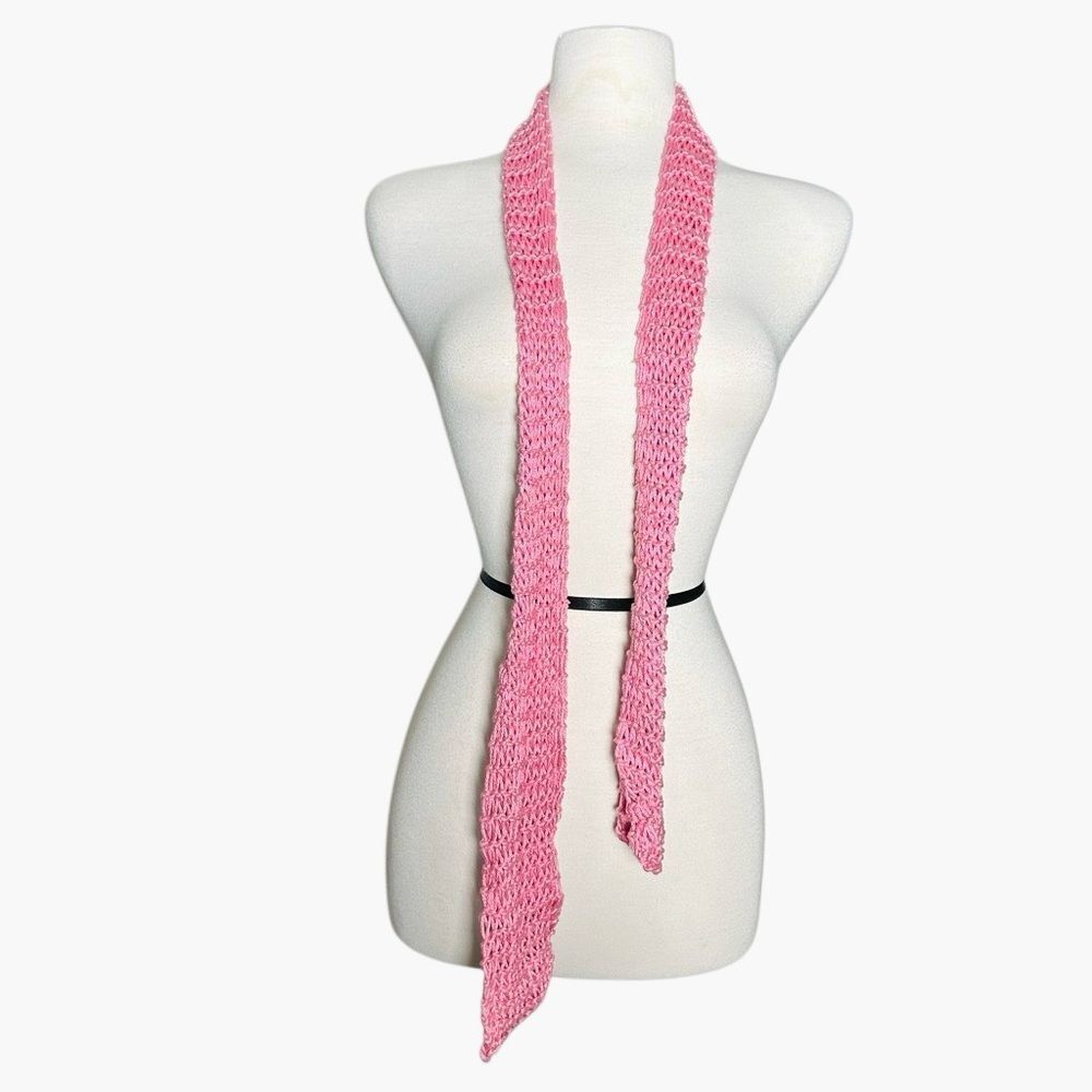 Y2K 2000s Pink Crochet long Skinny Scarf pink silky shimmer knit vintage indie